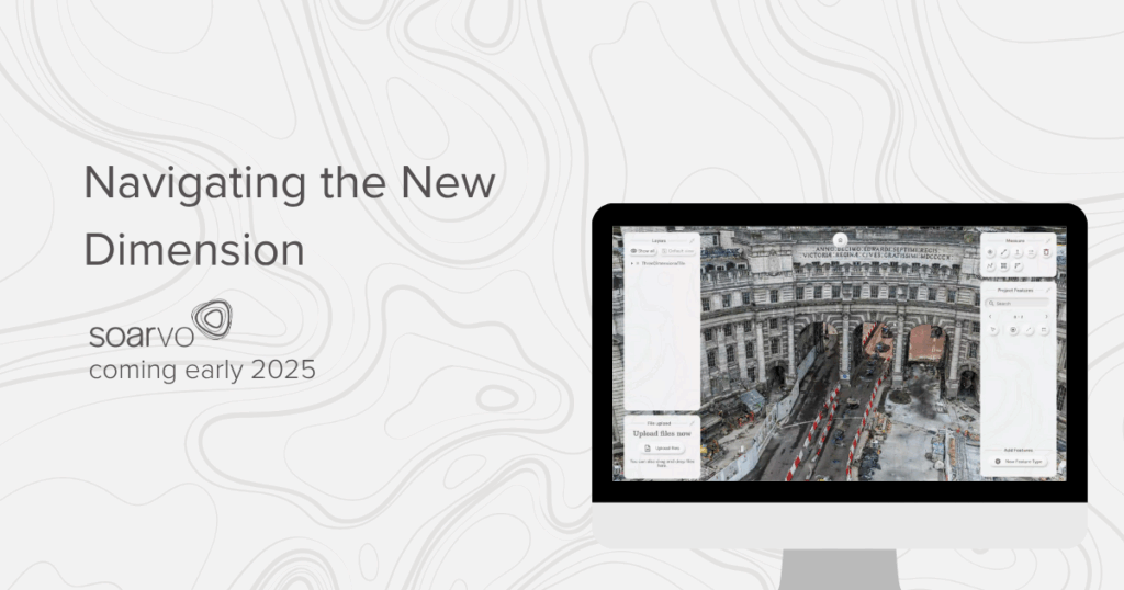 'Navigating the New Dimension' text on a white background with grey waves, featuring an image presenting the Soarvo software on a desktop computer.