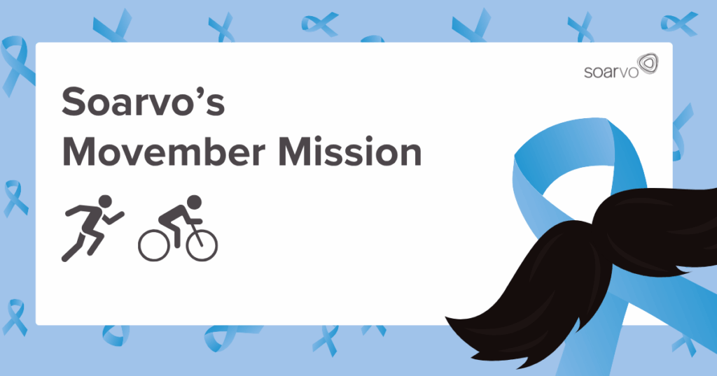 'Soarvo's Movember mission' written on a blue background with ribbons to signify prostate cancer.