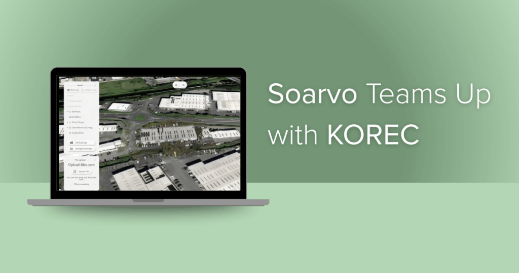 Green background with text 'Soarvo teams up with KOREC' featuring a screengrab of the Soarvo platform on a laptop screen